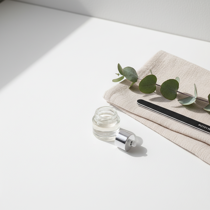 Minimalistisches Vanity-Stilllife mit offenem Nagelhautöl, beigem Handtuch, schwarzer Nagelfeile und Eukalyptus auf weißem Hintergrund – thematisch: brüchige Nägel.