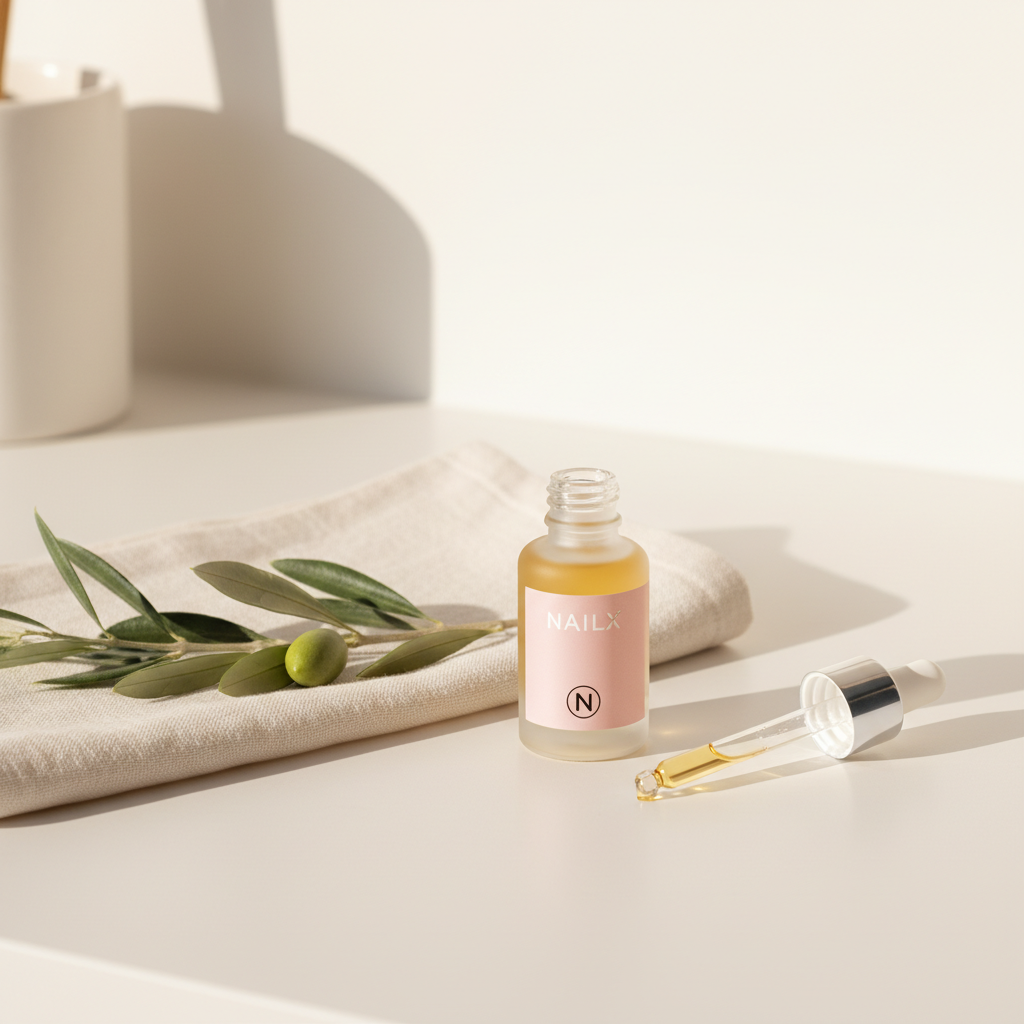 Minimalistisches Produktfoto: Nagelhautöl auf hellem Tresen mit Leinentuch und Olivenzweig, elegante Pflegeszene für brüchige Nägel