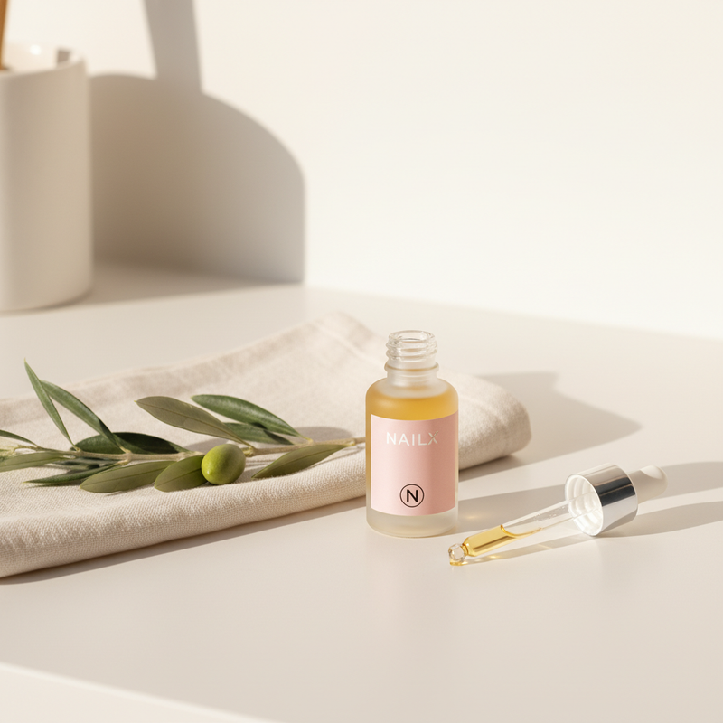 Minimalistisches Produktfoto: Nagelhautöl auf hellem Tresen mit Leinentuch und Olivenzweig, elegante Pflegeszene für brüchige Nägel