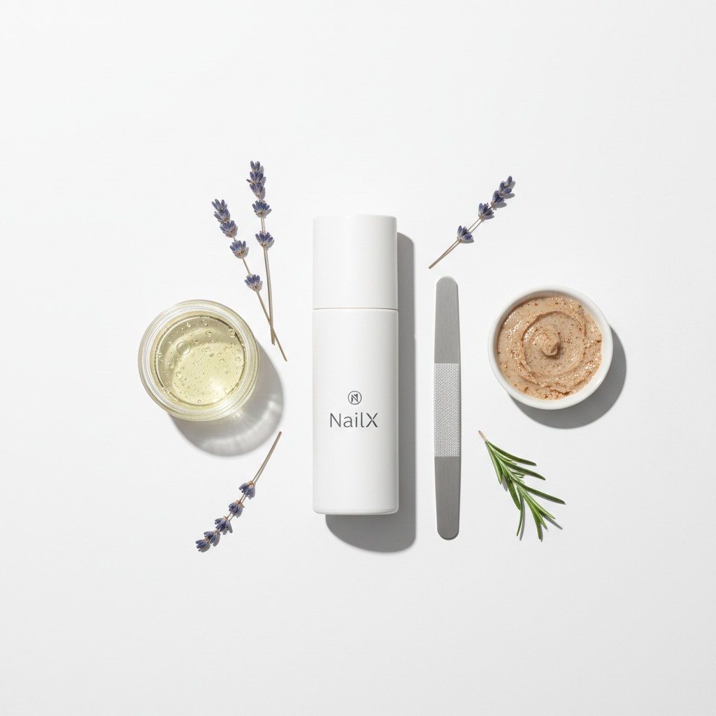 Flatlay mit NailX‑Pflege: matte weiße Flasche, Glas mit Jojoba‑ und Mandelöl, getrockneter Lavendel, Metall‑Nagelfeile und Nuss‑Paste — Pflege gegen brüchige Nägel.
