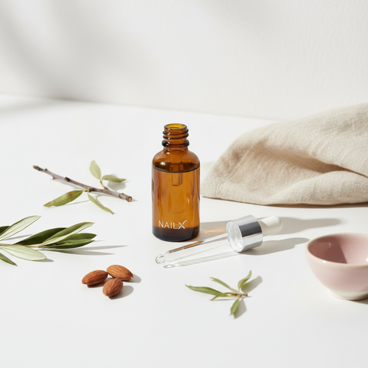 Minimalistisches Stillleben mit offenem bernsteinfarbenem Nagelöl, Pipette, Mandel- und Olivenzweigen auf weißer Oberfläche – Pflegevisual für brüchige Nägel stärken.