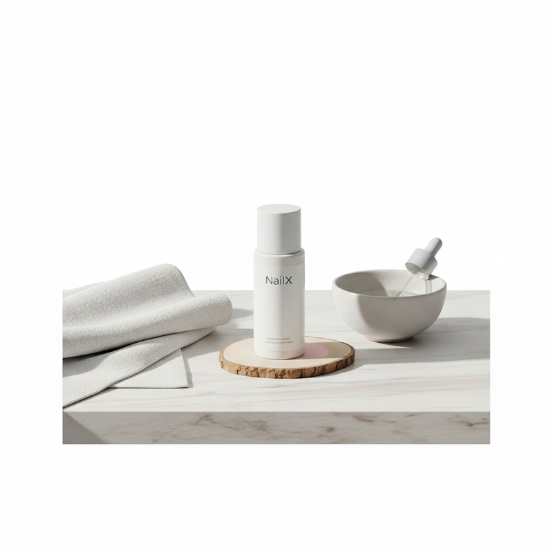 Minimalistisches Stillleben eines Badezimmertischs mit NailX-Produkt, Handtuch, Keramikschale und Ölen – visuelle Darstellung zu brüchige Nägel Ursachen.
