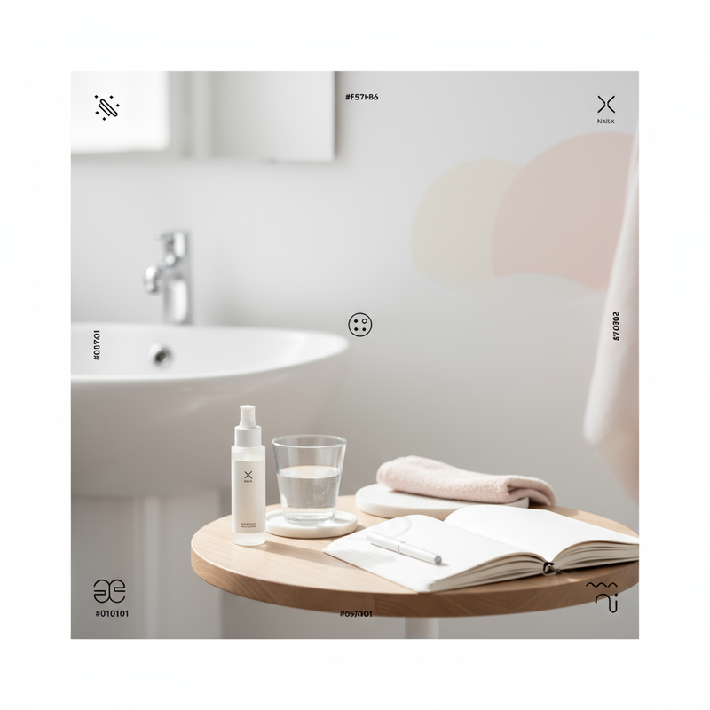 Nahaufnahme eines minimalistischen Badezimmers mit NailX-Serum auf Holztisch, Glas Wasser und offenem Notizbuch in hellem Tageslicht, Thema brüchiges Haar