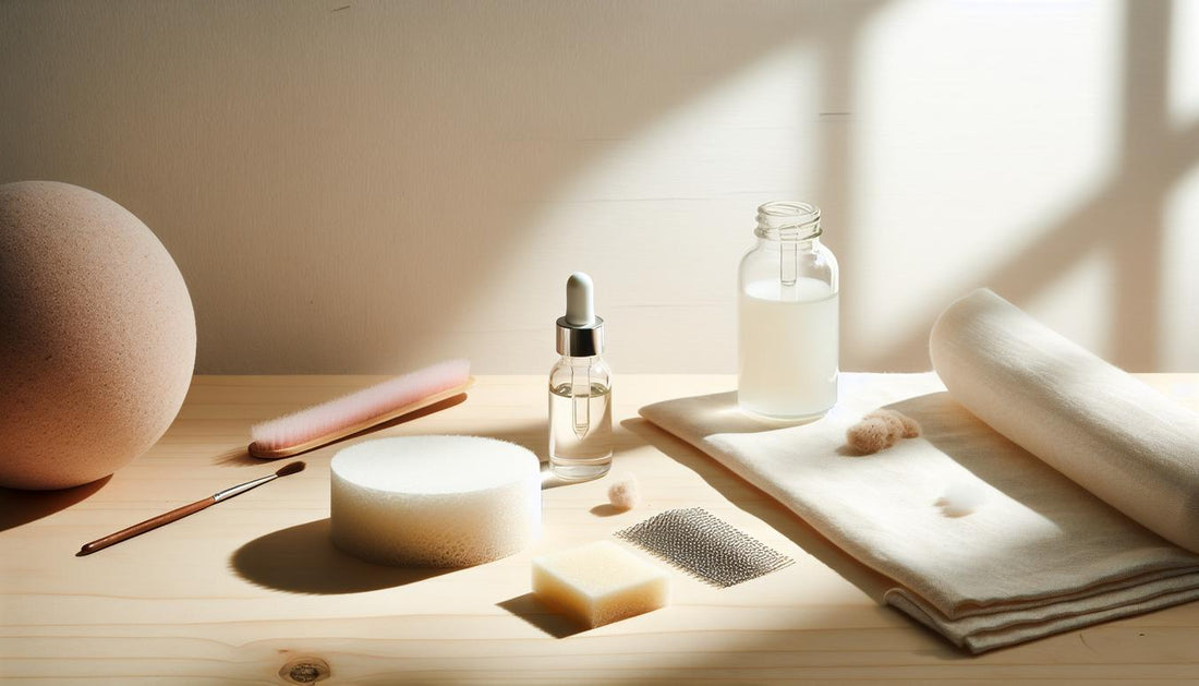 Stillleben eines nagelstudio-setups mit Buffer, geordneten Micro-Mesh-Streifen, offener Dehydrator-Flasche und dezentem Nagelöl auf hellem Birkenholz, minimal und hell