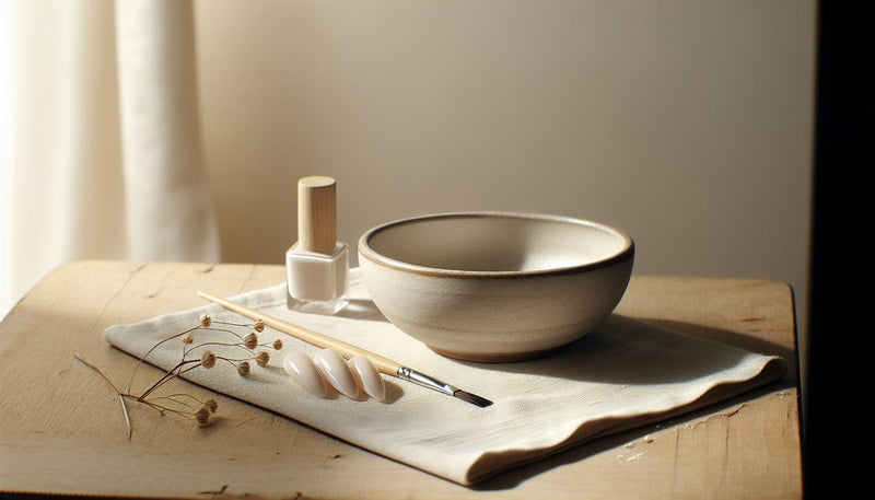 Detailaufnahme eleganter French-Press-on-Nägel auf Keramikschale in hellem, minimalistischem Setting — dauer french nails nagelstudio