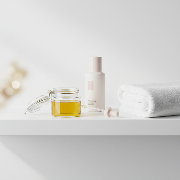 Minimalistische Nahaufnahme einer Ablage mit Jojobaöl, Glasstäbchen, weißem Handtuch und schlichtem Nagelpflege-Fläschchen in Pastelltönen, visualisiert Dehydration bei Nägeln.