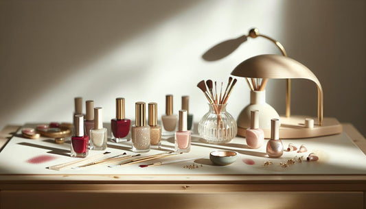 Eleganter Nageltisch auf Birkenholz mit geordneten Lackfläschchen in Rot, Burgunder, Tannengrün und Metallic, Pinsel, goldene Deko und geschlossene UV-Lampe — dezember nagellackfarben