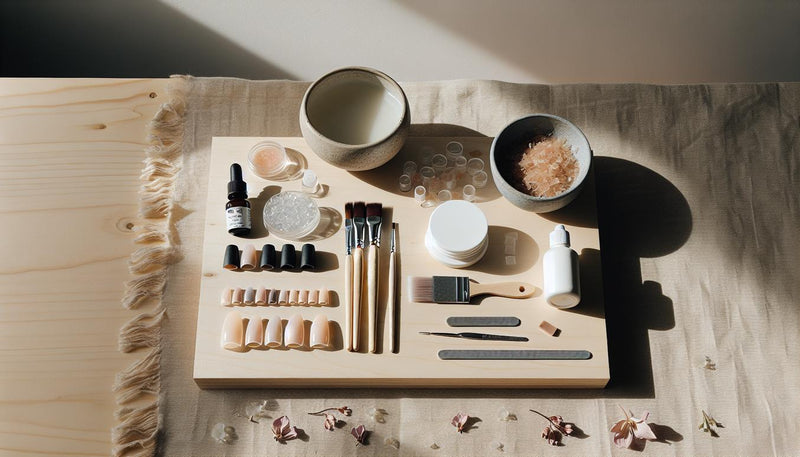 Minimalistischer Maniküre-Arbeitsplatz mit offenem Soft-Gel-Starterkit, Feilen, Dehydrator- und Primer-Fläschchen sowie LED-Lampe auf hellem Holz – dezente gelnägel zuhause