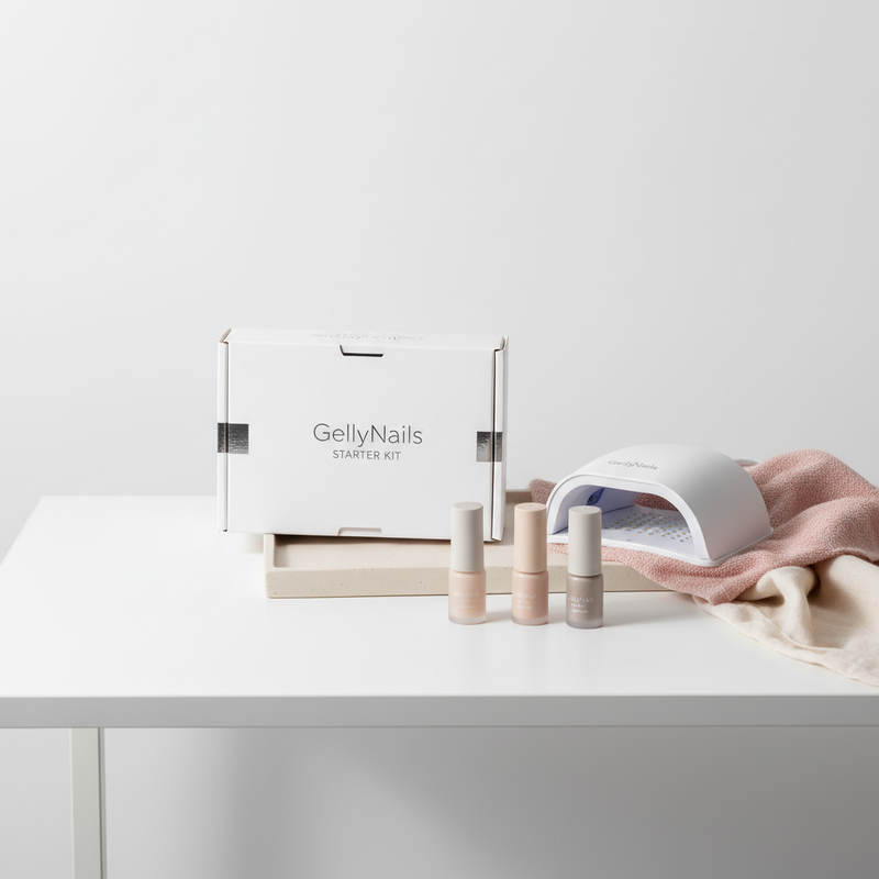 Minimalistisches Stillleben eines geöffneten GellyNails Starter Kits mit LED-Lampe, Gel-Fläschchen und pastellrosa Akzent auf weißem Tisch — DIY Gel Nägel, clean und ästhetisch