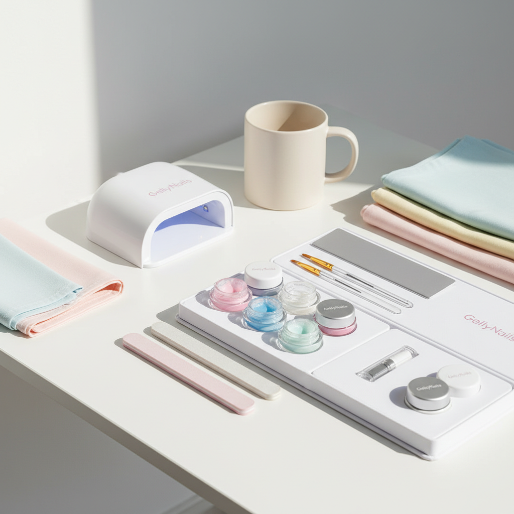 Minimalistisches Studiofoto eines offen angeordneten DIY Gel Nägel Starterkit auf weißem Tisch mit LED-Lampe, Farbgelen, Feilen, Pinsel und pastellrosa Akzenten #f57fb6.