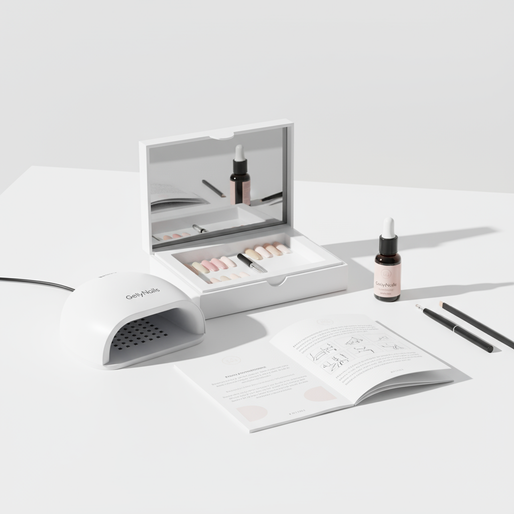 Minimalistisches Stillleben mit geöffnetem DIY gel nail starter kit, LED‑Lampe, Dehydrator/Primer und offener Anleitung auf hellem Tisch in Pastellrosa