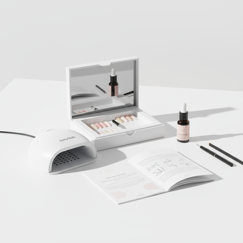 Minimalistisches Stillleben mit geöffnetem DIY gel nail starter kit, LED‑Lampe, Dehydrator/Primer und offener Anleitung auf hellem Tisch in Pastellrosa