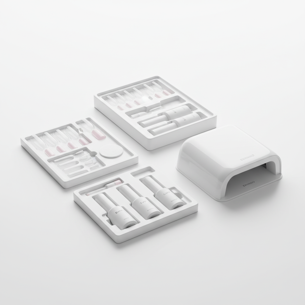 DIY Gel Nails Starter Kit auf weißem Tisch: geöffnetes Set mit LED-Lampe, vorgeformten Tips und kleinen Base/Top/Color-Fläschchen, dezente Pastell-Akzente #f57fb6
