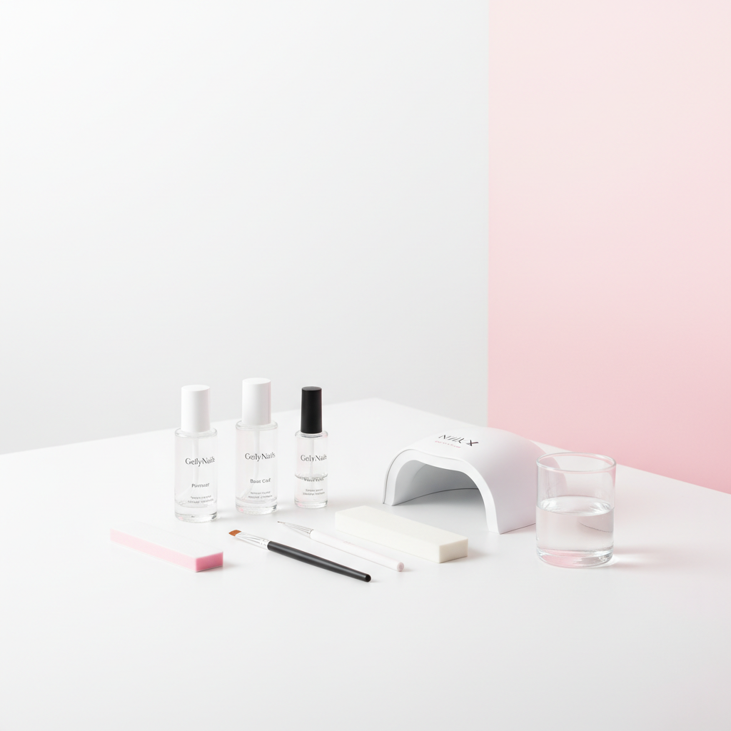 Minimalistisches Foto eines aufgeräumten Tisches mit geöffnetem GellyNails Starter Kit, LED‑Lampe, Pinsel, Buffer und Glas mit Wasser — DIY Gelnägel zuhause