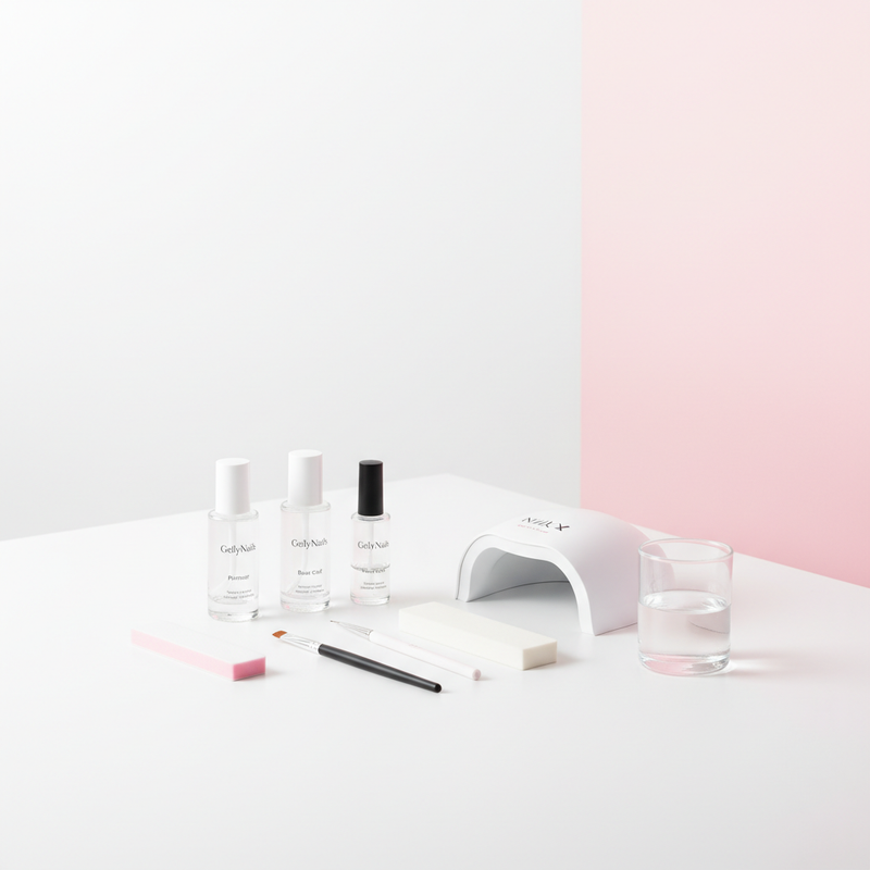 Minimalistisches Foto eines aufgeräumten Tisches mit geöffnetem GellyNails Starter Kit, LED‑Lampe, Pinsel, Buffer und Glas mit Wasser — DIY Gelnägel zuhause