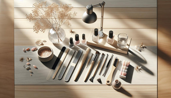 Sauber arrangierte DIY Nageldesign Tools auf hellem Birkenholz: LED‑Lampe, Feilen, Pinsel, Dotting Tools, kleine Gel‑Fläschchen und offene Box mit Soft‑Gel‑Tips.