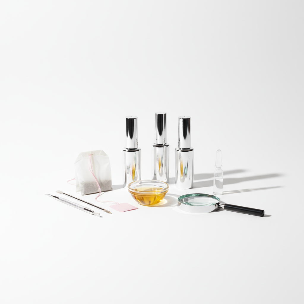 Minimalistisches Studio-Stillleben mit GellyNails-Kit, Fläschchen, Schälchen mit Mandelöl, Lupe und Ampulle – Fokus auf Pflege gegen eingerissene Nägel.