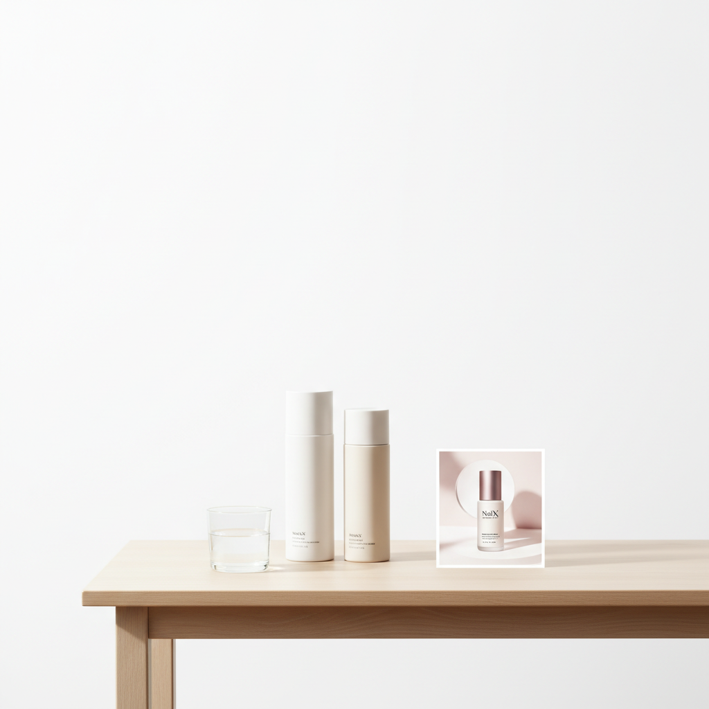 Minimalistisches Stillleben mit NailX-Serum auf Holztisch, Glas Wasser und neutralen Pflegefläschchen – Fokus auf Eisenmangel Haare, ruhige wissenschaftliche Beauty-Ästhetik.