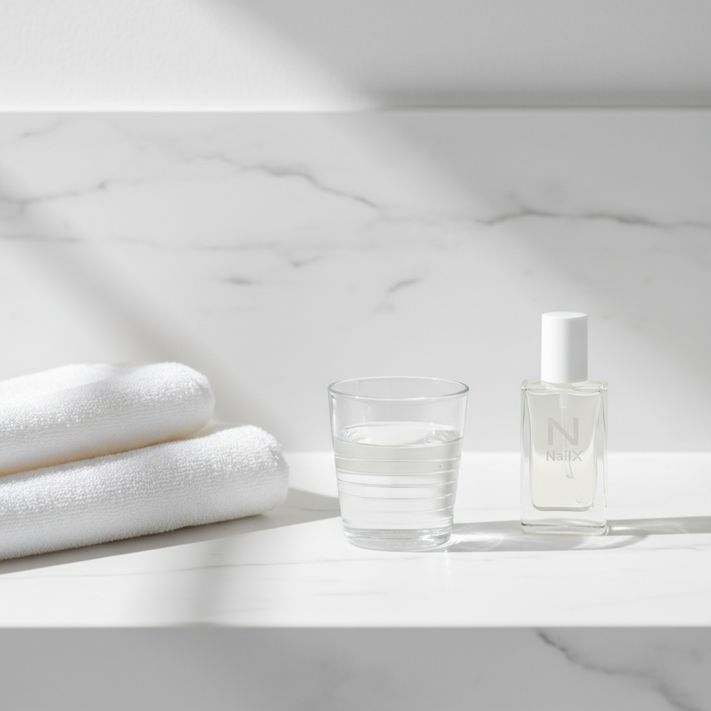 Nahaufnahme eines hellen, minimalistischen Badezimmers mit Nagelöl-Flasche, Glas mit lauwarmem Wasser und weißem Handtuch auf Marmorablage im soft-pink Stil – Eisenmangel Juckreiz.