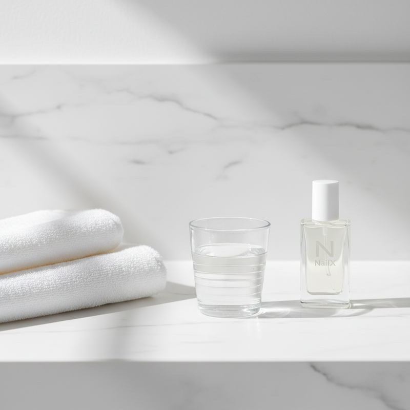 Nahaufnahme eines hellen, minimalistischen Badezimmers mit Nagelöl-Flasche, Glas mit lauwarmem Wasser und weißem Handtuch auf Marmorablage im soft-pink Stil – Eisenmangel Juckreiz.