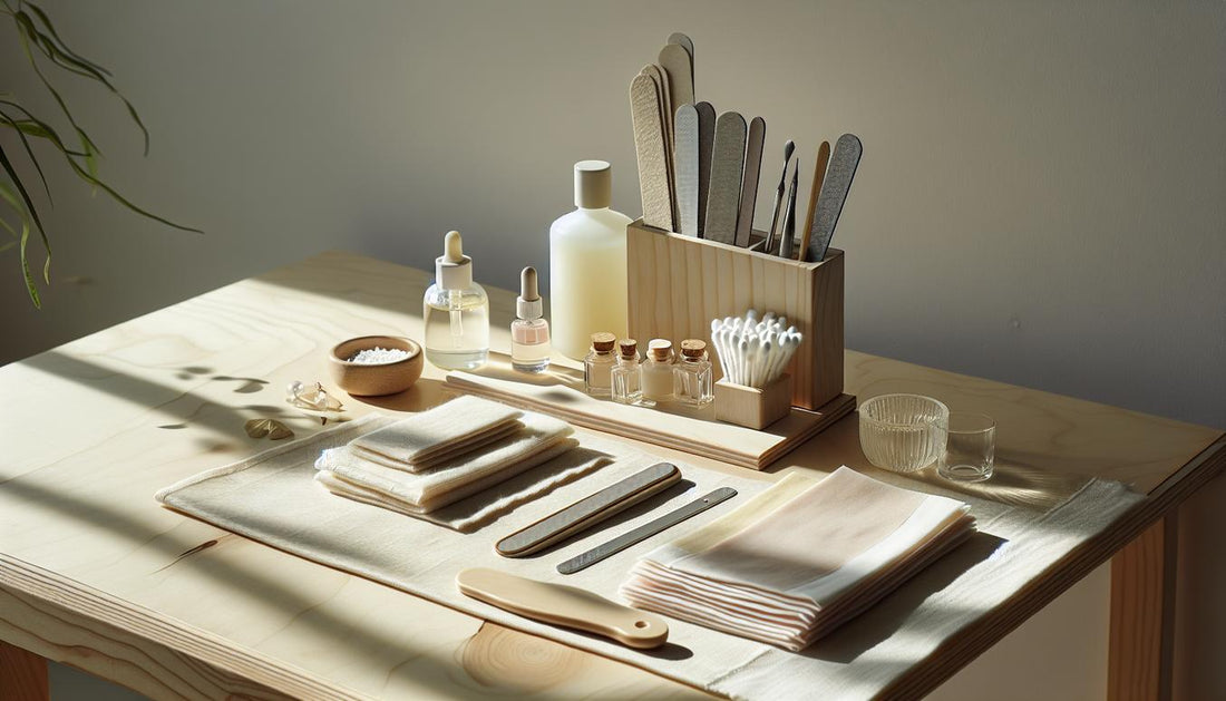 Nahaufnahme aufgeräumte Maniküre-Station mit Feilen, Baumwollpads, Alufolie, Acetonfläschchen und Nagelöl auf hellem Holz – entfernen acryl nägel sicher