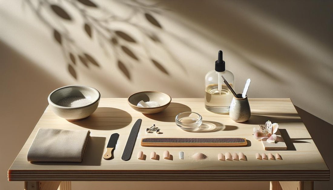 Minimalistisches Arrangement zum Entfernen von Gelnägeln: Nagelöl, Glasfeile, Alufolie-Rollen und entfernte Gelnagel-Fragmente auf hellem Holztisch, dezente rosa Akzente.