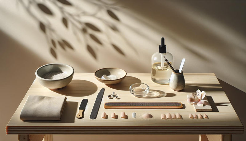 Minimalistisches Arrangement zum Entfernen von Gelnägeln: Nagelöl, Glasfeile, Alufolie-Rollen und entfernte Gelnagel-Fragmente auf hellem Holztisch, dezente rosa Akzente.
