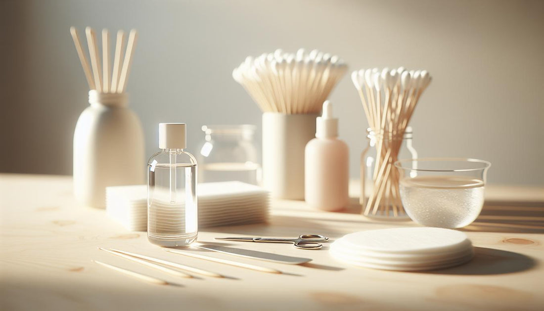 Nahaufnahme auf hellem Birkenholz mit Acetonflasche, Wattepads, Alufolie, Holzstäbchen und Schale mit Nagelöl – Entfernt Essig Acrylnägel.