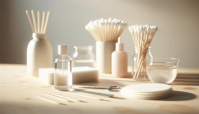 Nahaufnahme auf hellem Birkenholz mit Acetonflasche, Wattepads, Alufolie, Holzstäbchen und Schale mit Nagelöl – Entfernt Essig Acrylnägel.