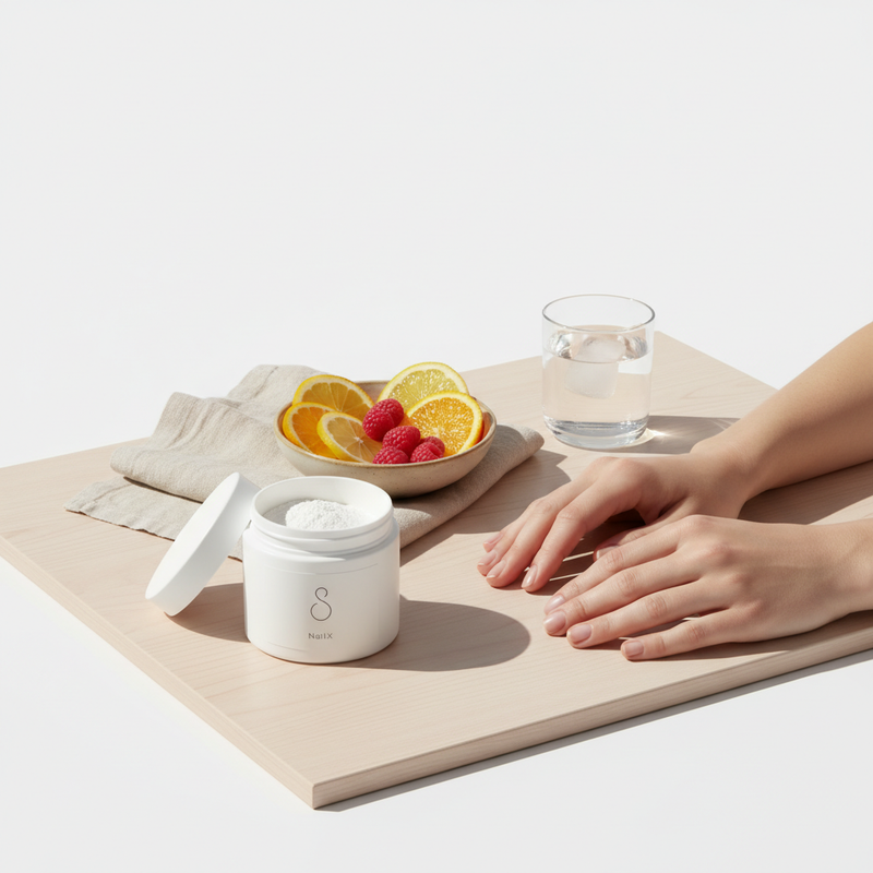 Minimalistisches Stilllife mit offener Kollagenpulver‑Dose, Schale mit Beeren und Zitrus, Glas Wasser und gepflegten Händen – Ernährung brüchige Nägel