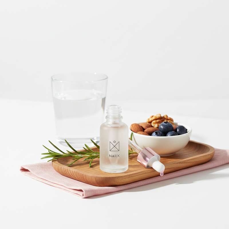 Minimalistisches Stillleben mit Nagelserum, Kräuterzweig, Glas Wasser und Schale mit Nüssen und Beeren – Ernährung für Nägel