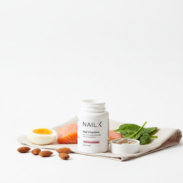 NailX-Nagelvitamine neben Lachs, Ei und Blattspinat als minimalistisches Stillleben — Ernährung Nägel stärken, weißer Hintergrund, sachlich und ästhetisch.