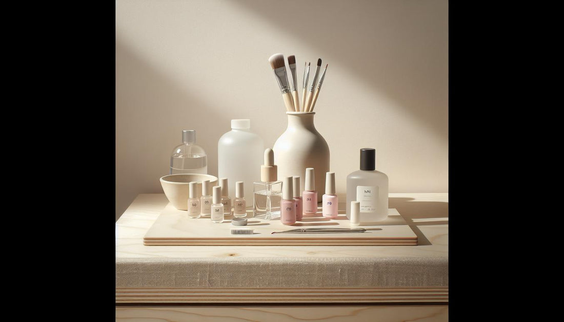 Nahaufnahme eines ordentlichen Maniküre‑Arbeitsplatzes auf hellem Holz mit LED‑Lampe, Gel‑Fläschchen, feinem Pinsel und Isopropanol, dezenter Pinkakzent, essie gel nagellack