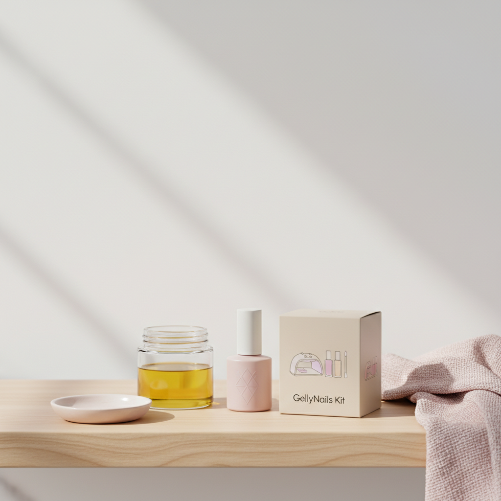 Nahaufnahme eines aufgeräumten Badezimmerschranks mit offenem Jojobaölglas, dezenter Nagelpflegeflasche und GellyNails-Kit – Lösung für extrem brüchige Fingernägel, minimalistisches NailX-Design