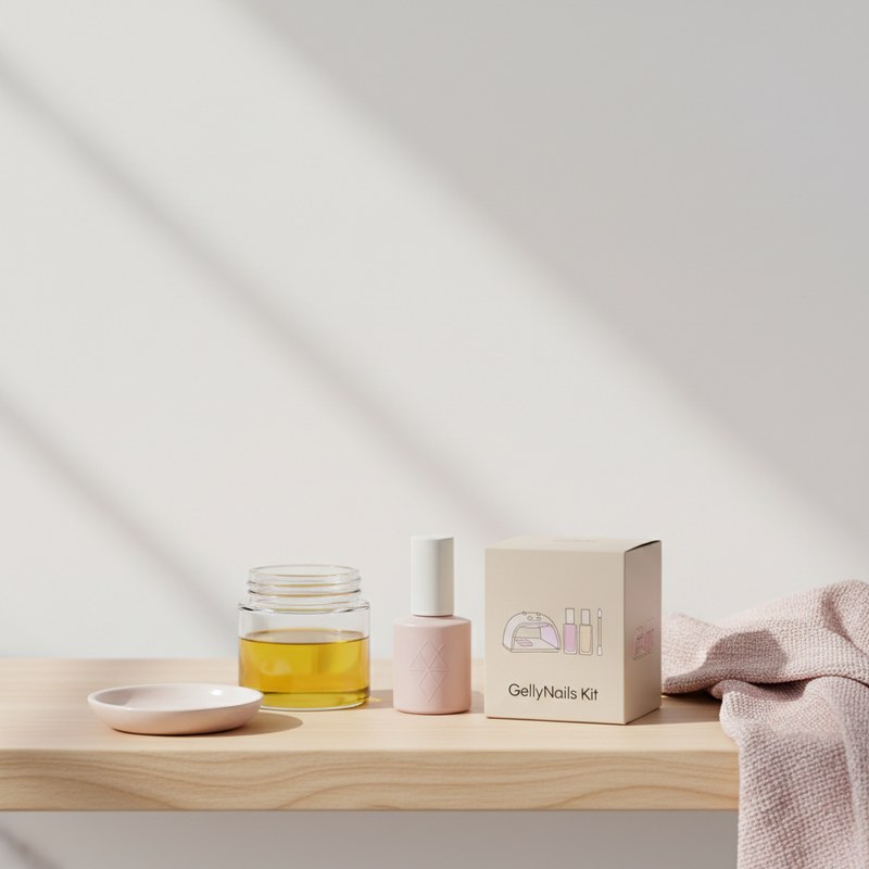 Nahaufnahme eines aufgeräumten Badezimmerschranks mit offenem Jojobaölglas, dezenter Nagelpflegeflasche und GellyNails-Kit – Lösung für extrem brüchige Fingernägel, minimalistisches NailX-Design