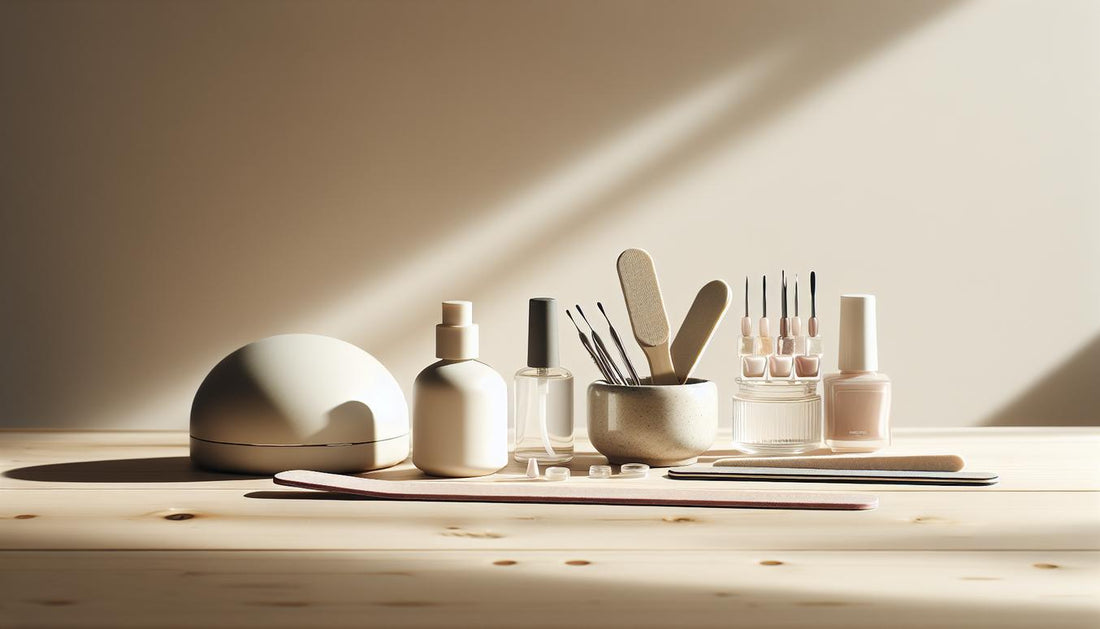 Minimalistisch arrangierter Nagelarbeitsplatz auf hellem Birkenholz mit UV/LED‑Lampe, Feilen, Base & Top Coat und vorgeformten Soft Gel Tips — falsche fingernägel aufkleben