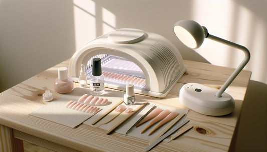 Nahaufnahme: falsche nägel kleben – Press‑On‑Nägel auf hellem Holztisch neben UV/LED‑Lampe, Feilen und kleinem Glue‑Gel‑Fläschchen, minimalistisch, hell und ruhig.