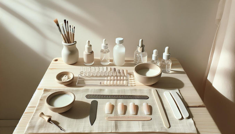 Saubere, minimalistische Maniküre-Station mit geöffnetem GellyNails-Starterkit, Feile, Dehydrator- und Primer-Fläschchen, vorbereiteten Naturnagel-Tips und Set zum falsche nägel aufkleben.