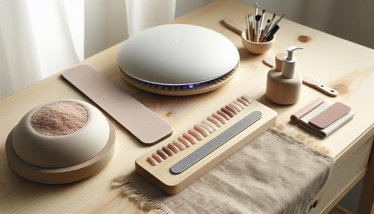 Nahaufnahme eines hellen, minimalistischen Maniküre-Arbeitsplatzes mit geordneten Nageltips, Feilen, offenem Dehydrator und UV/LED-Lampe – Szene zum falsche nägel kleben.