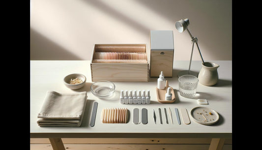 Minimalistische Nagel-Workstation mit Soft-Gel-Tips, geöffnetem Starter-Kit, UV/LED-Lämpchen und Fläschchen auf hellem Holz – falsche nägel kleben.