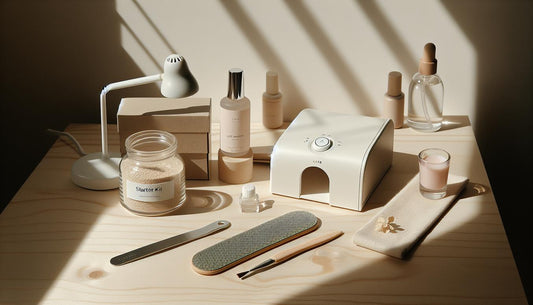 Flatlay eines aufgeräumten Maniküre‑Arbeitsplatzes auf hellem Holz mit Starter‑Kit (ohne Logos), UV/LED‑Lampe, Feile, Buffer, Dehydrator‑Fläschchen und Nagelöl – falsche Nägel zum Aufkleben.