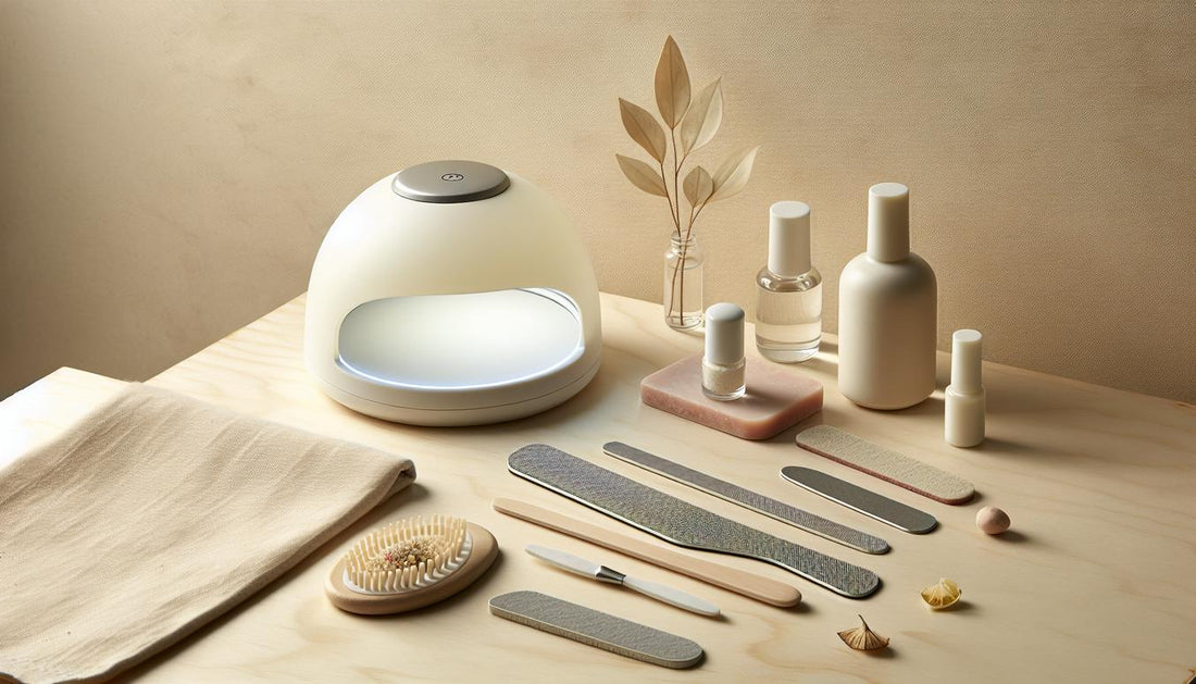 Nahaufnahme geordneter Nagel-Tools für falsche nägel zum aufkleben auf hellem Holz mit rosa Akzent, Glas-Dehydrator, UV-Lampe und Buffer.