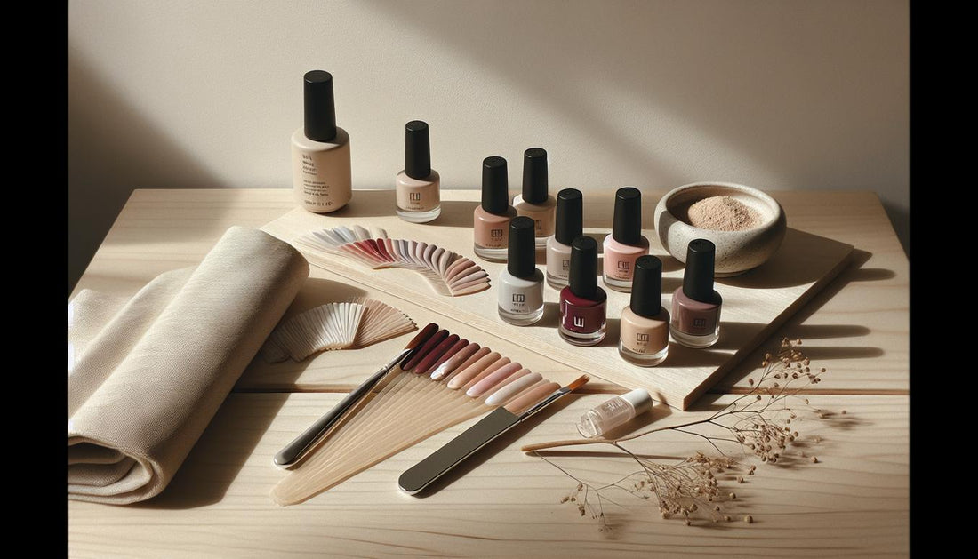 Nahaufnahme einer minimalistischen Arbeitsfläche mit Nagellackfläschchen, Farbkarten (Rot, Nude, Burgunder, Pastell), UV‑Gel und sauberem Tuch – Farben die Männer attraktiv finden