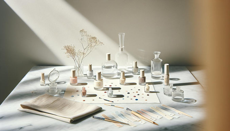 Minimalistisches Stillleben mit Nagellackfläschchen, Nagelspitzen-Swatches und farbigen Papierpunkten auf hellem Marmor – farbige French Nails