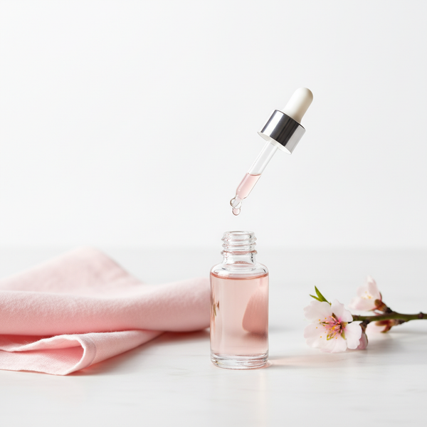 Geöffnete Nagelöl-Flasche auf weißer Oberfläche mit Baumwolltuch und Mandelzweigen, minimalistisches Stillleben, stilvoll und ruhig — Fingernägel stärken