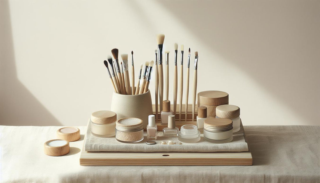 Nahaufnahme einer minimalistischen Nagel-Workstation mit geöffnetem Gel-Tiegel, geordneten Pinseln, Pastellakzenten und hellem Holz – french gelnägel