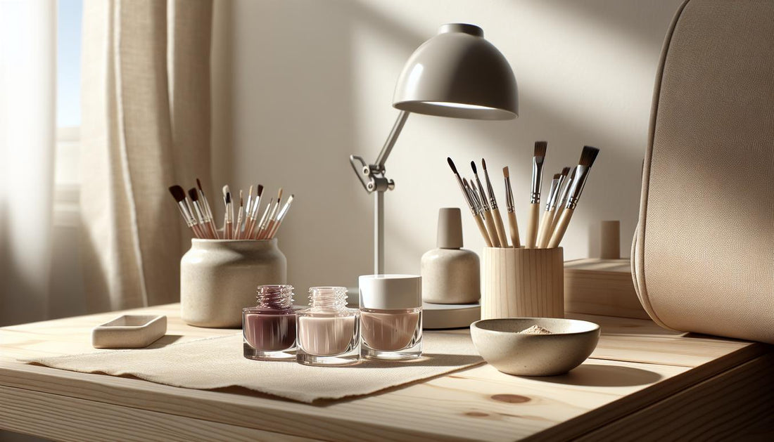 Nahaufnahme einer minimalistischen Nagel-Workstation mit drei offenen Gel-Gläsern (Nude, Taupe, Burgunder), feinen Pinseln, sauberer LED-Lampe auf hellem Birkenholztisch – French Manicure edel