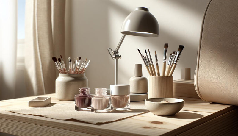 Nahaufnahme einer minimalistischen Nagel-Workstation mit drei offenen Gel-Gläsern (Nude, Taupe, Burgunder), feinen Pinseln, sauberer LED-Lampe auf hellem Birkenholztisch – French Manicure edel