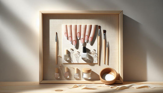Nahaufnahme eines minimalistischen Moodboards mit realistischen Nail-Tips (French Manicure, pastellige Spitzen, Negative-Space), Pinsel und Glitzer auf hellem Holz.