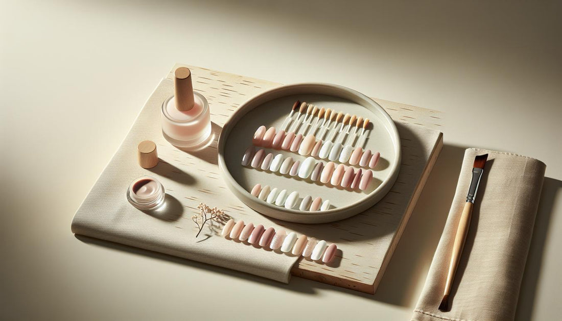 Sauberer Maniküre-Arbeitsplatz mit rosa→weiß Ombré‑Nagelproben und blushed‑pink Varianten, minimalistisch arrangiert – french manicure rosa auf hellem Holz.